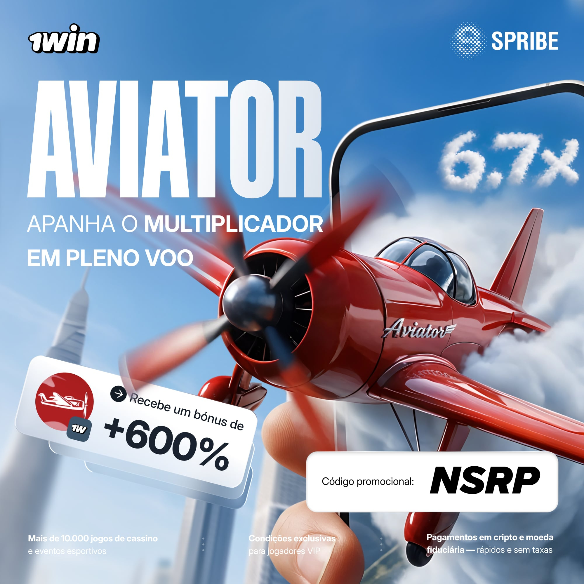 Banner 1win Aviator com avião vermelho e código promocional NSRP